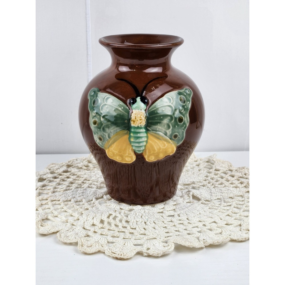 Vintage Brown Ceramic Butterfly Moth Bud Vase Textured Bark Glaze 5.75 Inch